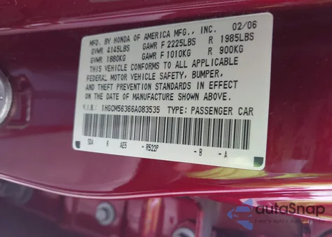 2006 Honda Accord 2.4 Se from USA, damaged, VIN 1HGCM56366A083535